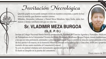 Invitación Necrológica para Vladimir Meza Burgoa