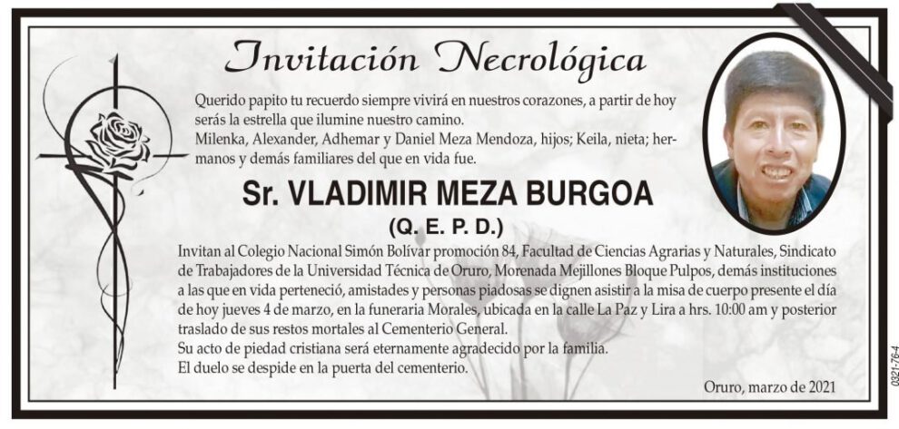 Invitación Necrológica para Vladimir Meza Burgoa