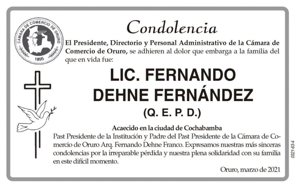 Condolencia por el fallecimiento de Lic. Fernando Dehne Fernández