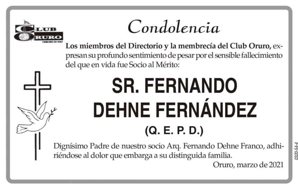 Condolencia por el fallecimiento de Fernando Dehne Fernández
