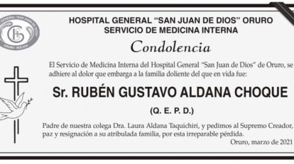 Condolencia por la pérdida de RUBÉN GUSTAVO ALDANA CHOQUE