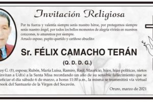 Invitación Religiosa en memoria de Félix Camacho Terán