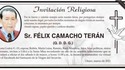 Invitación Religiosa en memoria de Félix Camacho Terán
