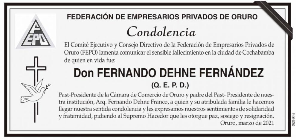 Condolencia por el fallecimiento de Fernando Dehne Fernández