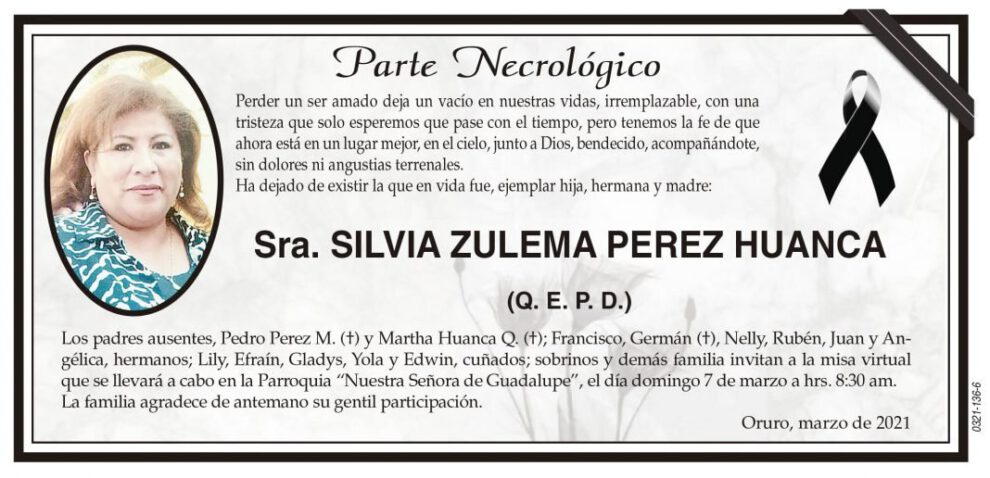Necrológico de Silvia Zulema Perez Huanca
