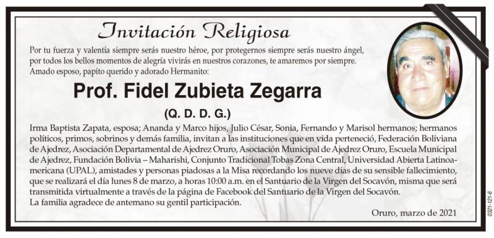 Invitación Religiosa: Prof. Fidel Zubieta Zegarra