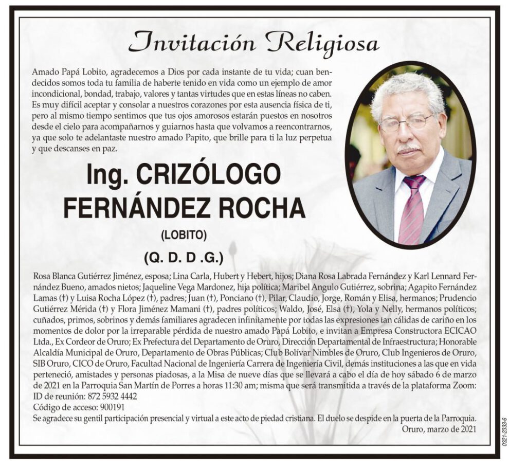 Ing. Crizólogo Fernández Rocha obituario