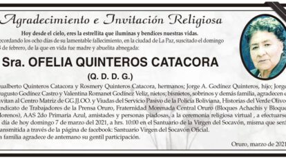 Agradecimiento e Invitación Religiosa por Ofelia Quinteros Catacora