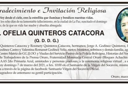 Agradecimiento e Invitación Religiosa por Ofelia Quinteros Catacora