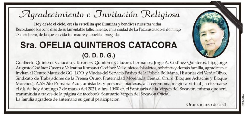 Agradecimiento e Invitación Religiosa por Ofelia Quinteros Catacora