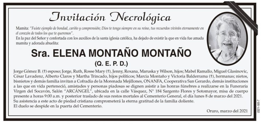 Invitación Necrológica de Elena Montaño Montaño