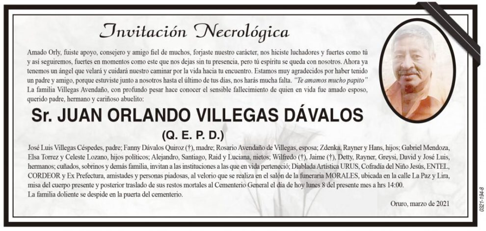 Invitación Necrológica: Juan Orlando Villegas Dávalos