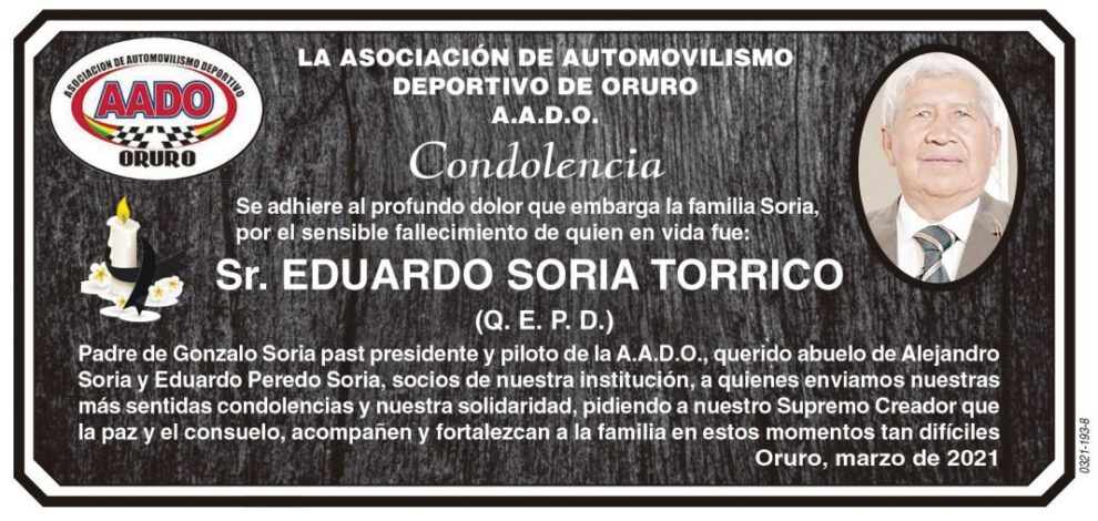 Condolencia por el fallecimiento de Eduardo Soria Torrico