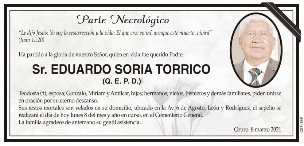 Parte Necrológico de Eduardo Soria Torrico