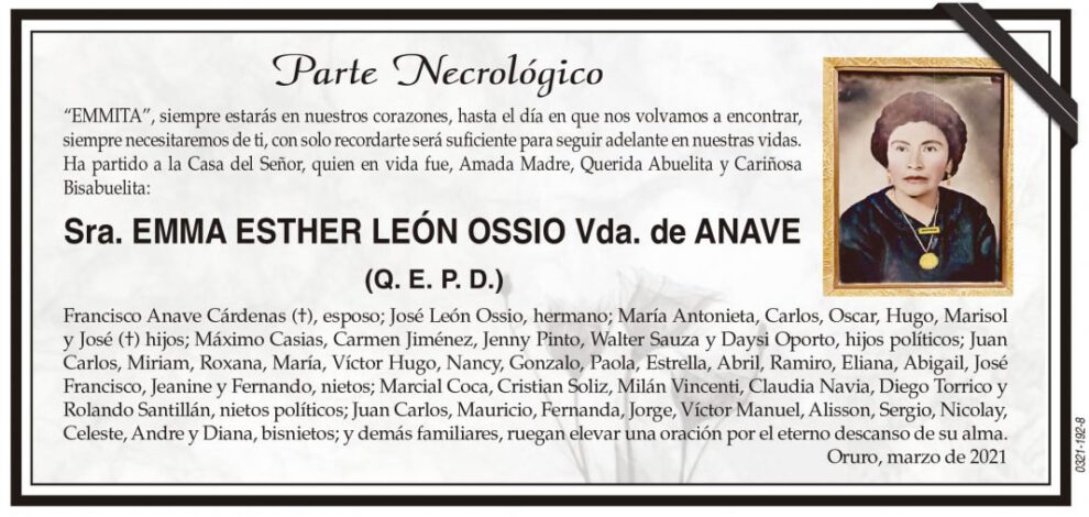 Necrológico de Emma Esther León Ossio