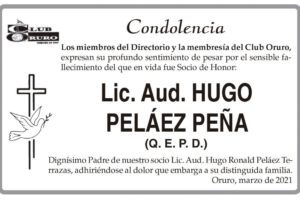 Condolencia por el fallecimiento de Lic. Aud. Hugo Peláez Peña