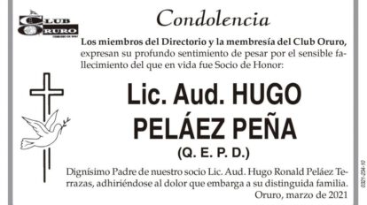 Condolencia por el fallecimiento de Lic. Aud. Hugo Peláez Peña