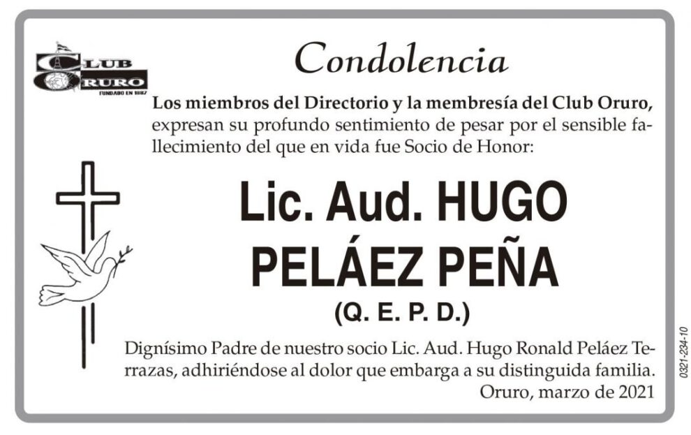 Condolencia por el fallecimiento de Lic. Aud. Hugo Peláez Peña