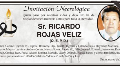 Invitación Necrológica: Sr. Ricardo Rojas Veliz (Q. E. P. D.)