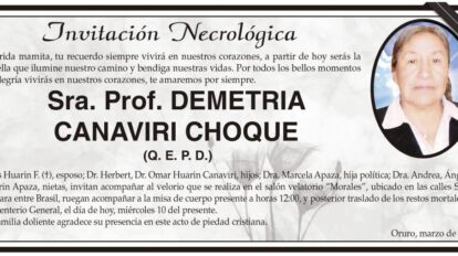 Invitación Necrológica: Demetria Canaviri Choque
