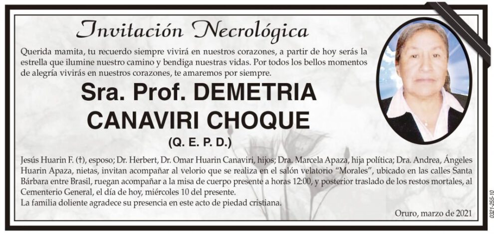Invitación Necrológica: Demetria Canaviri Choque