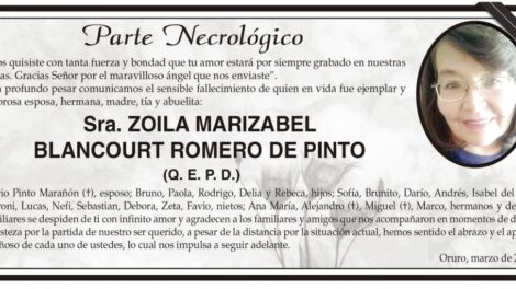 Parte Necrológico de Zoila Marizabel Blancourt Romero de Pinto