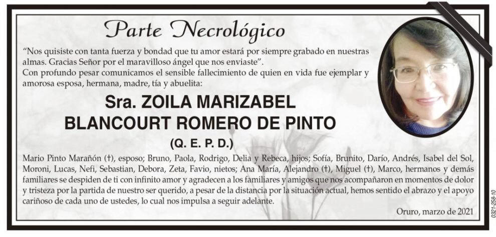Parte Necrológico de Zoila Marizabel Blancourt Romero de Pinto