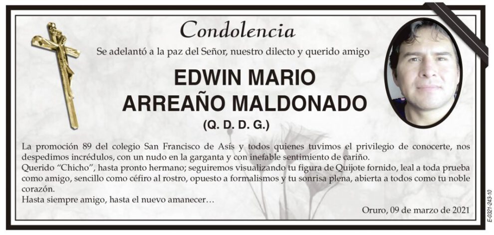 Condolencia por Edwin Mario Arreano Maldonado