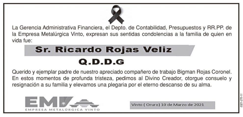 Condolencia por el fallecimiento de Ricardo Rojas Veliz