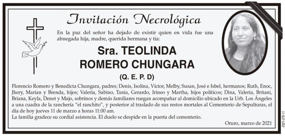 Invitación Necrológica: Teolinda Romero Chungara