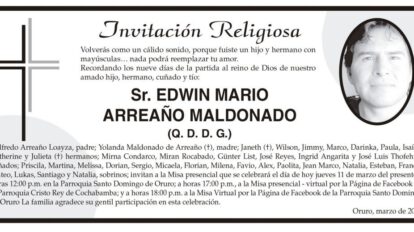 Edwin Mario Arreaño Maldonado, invitación a misa en su memoria