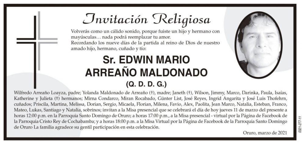 Edwin Mario Arreaño Maldonado, invitación a misa en su memoria