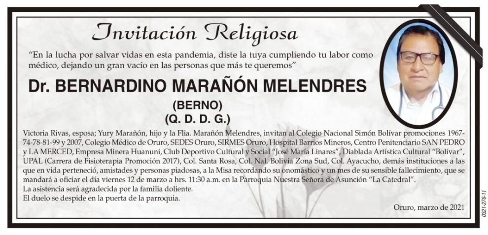 Invitación Religiosa: Dr. Bernardino Marañón Melendres