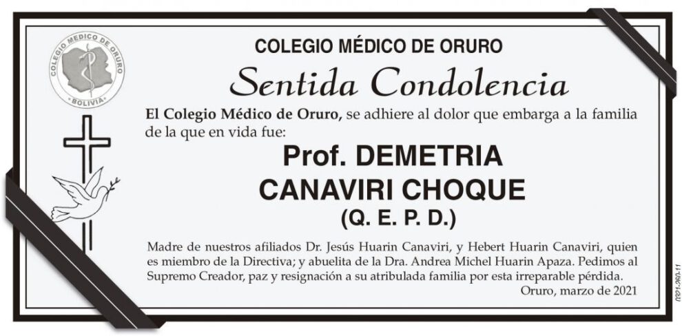 Prof. Demetria Canaviri Choque Q. E. P. D.