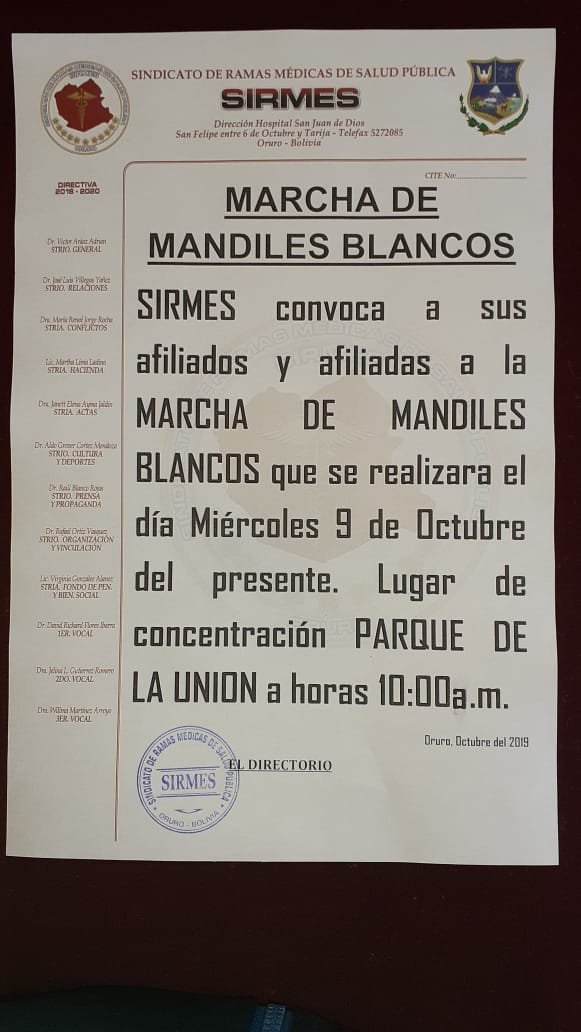marcha de mandiles blancos convocada por Sirmes en Oruro