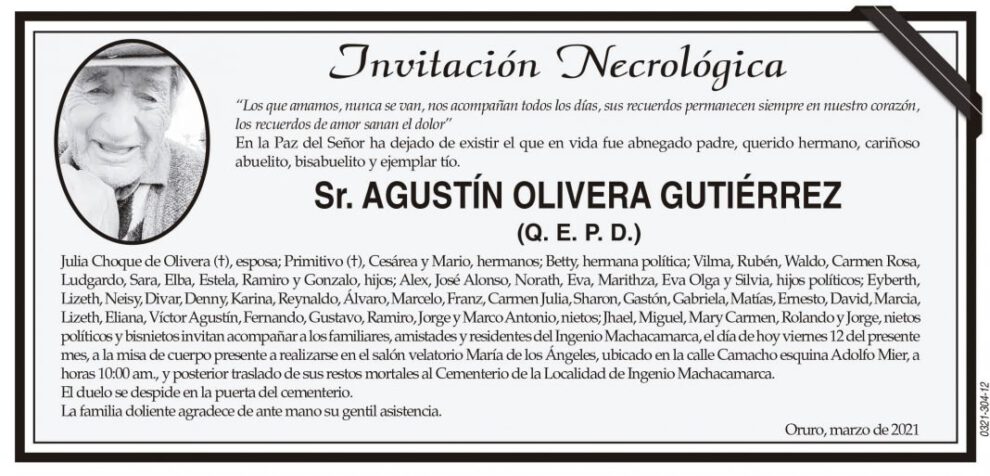 Invitación Necrológica de Agustín Olivera Gutiérrez