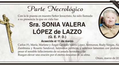 Parte Necrológico de Sra. Sonia Valera López de Lazzo