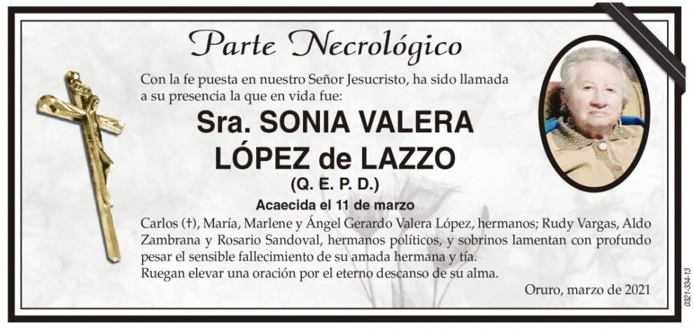 Parte Necrológico de Sra. Sonia Valera López de Lazzo
