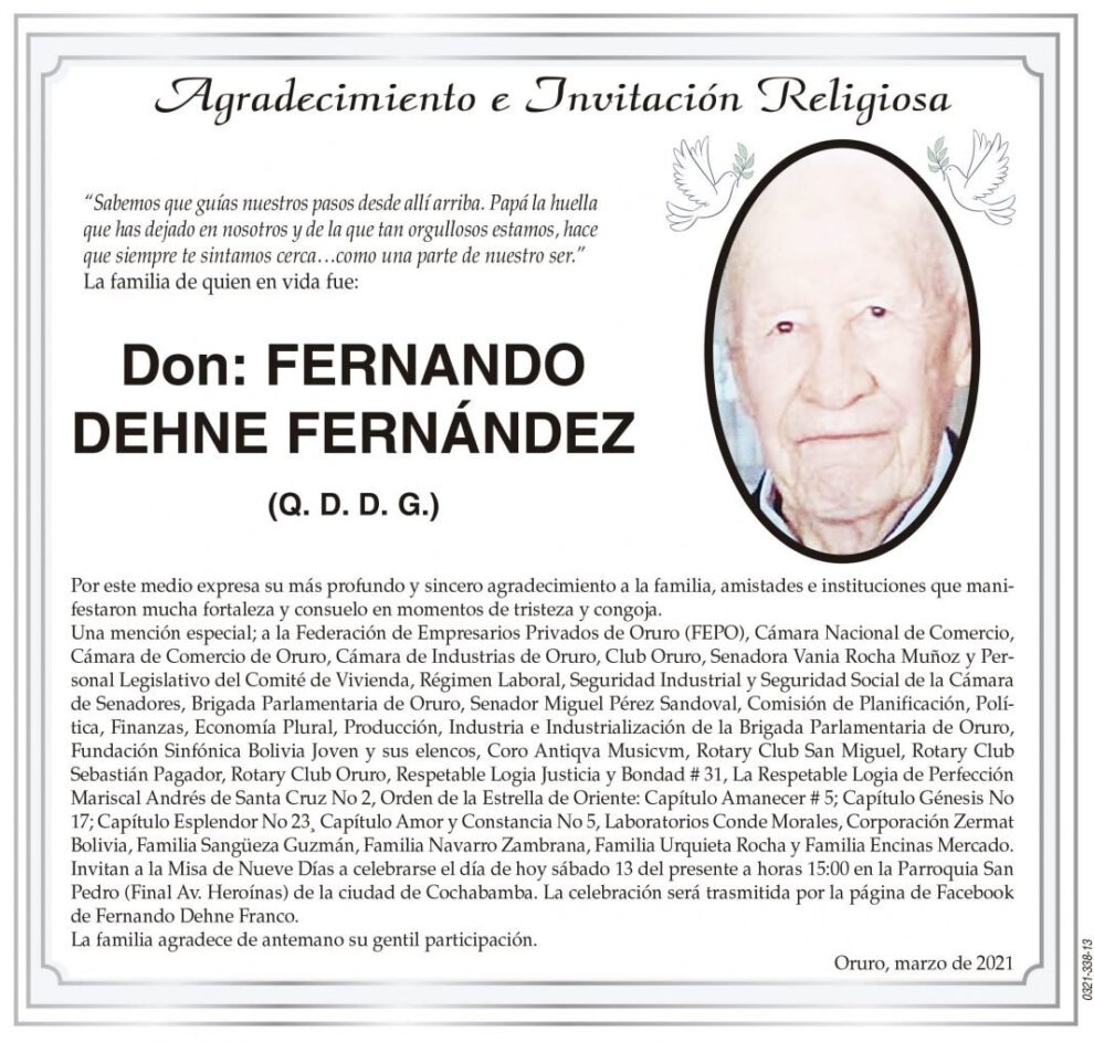 Agradecimiento e Invitación Religiosa: Don Fernando Dehne Fernández