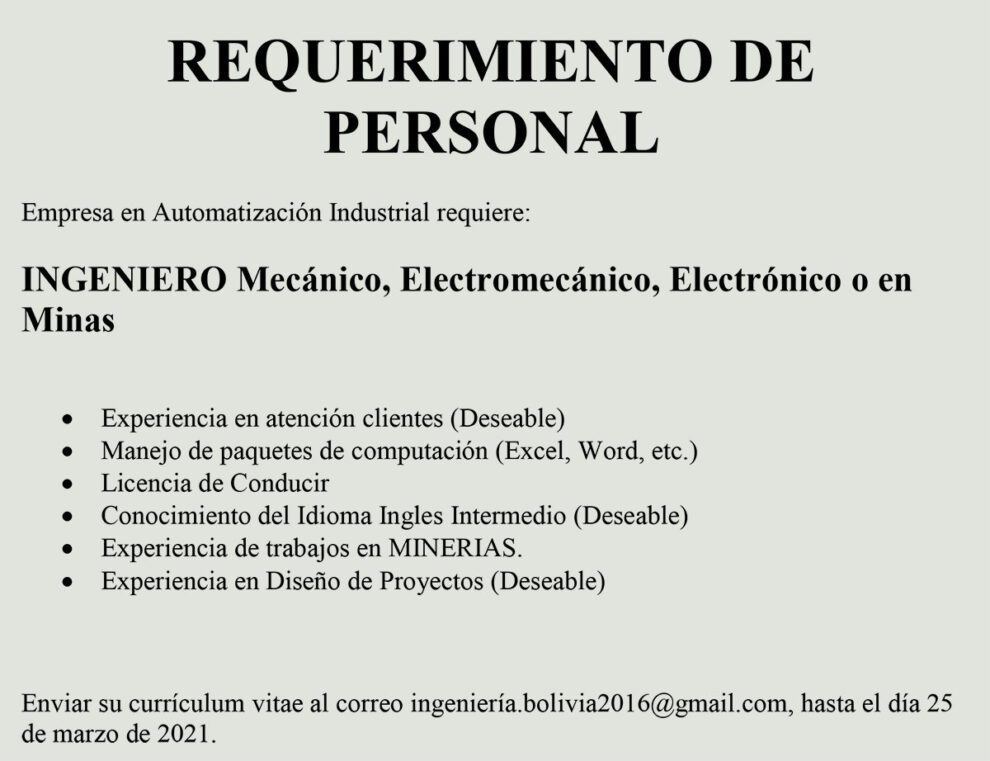 Requerimiento de Personal en Automatización Industrial