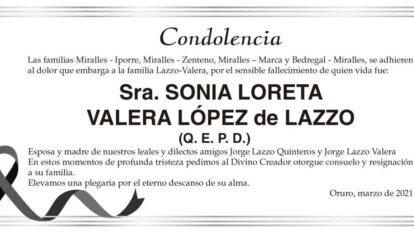 Condolencia por el fallecimiento de Sonia Loreta Valera López