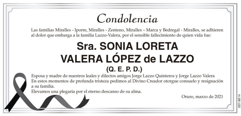 Condolencia por el fallecimiento de Sonia Loreta Valera López