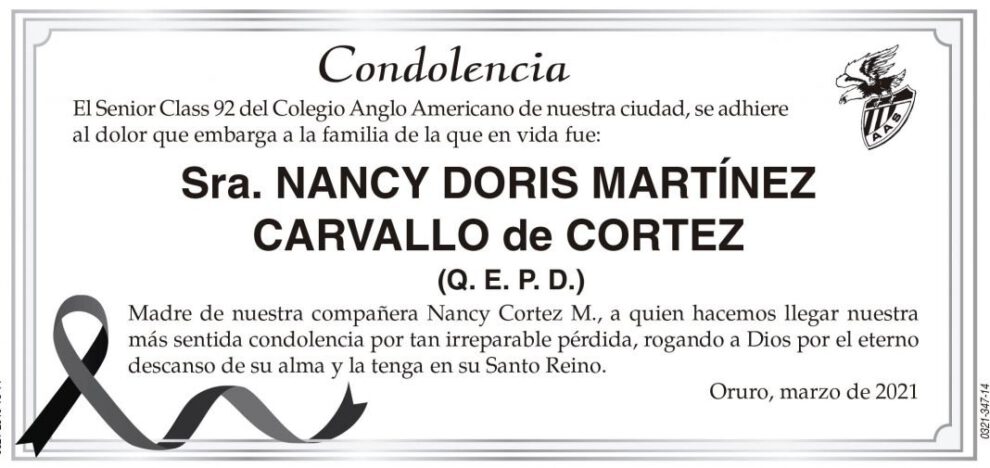 Condolencia por Nancy Doris Martínez Carvallo