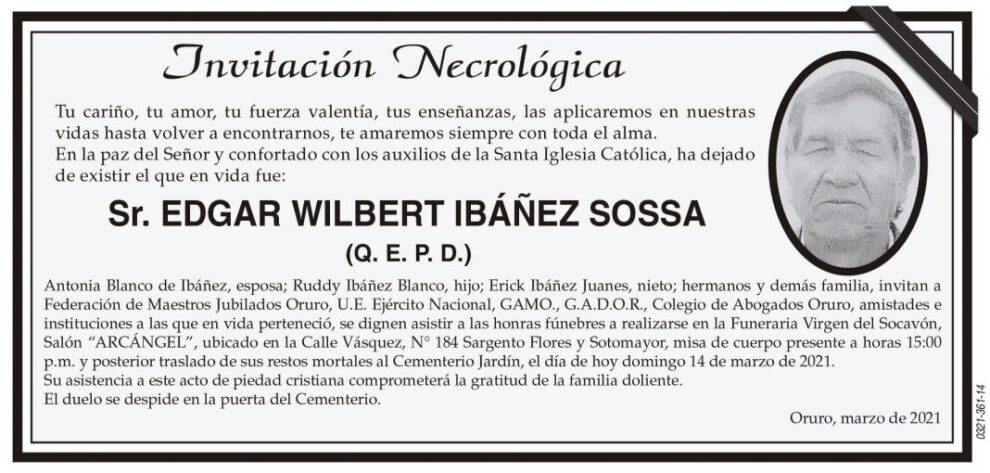 Invitación Necrológica para Edgar Wilbert Ibáñez Sossa