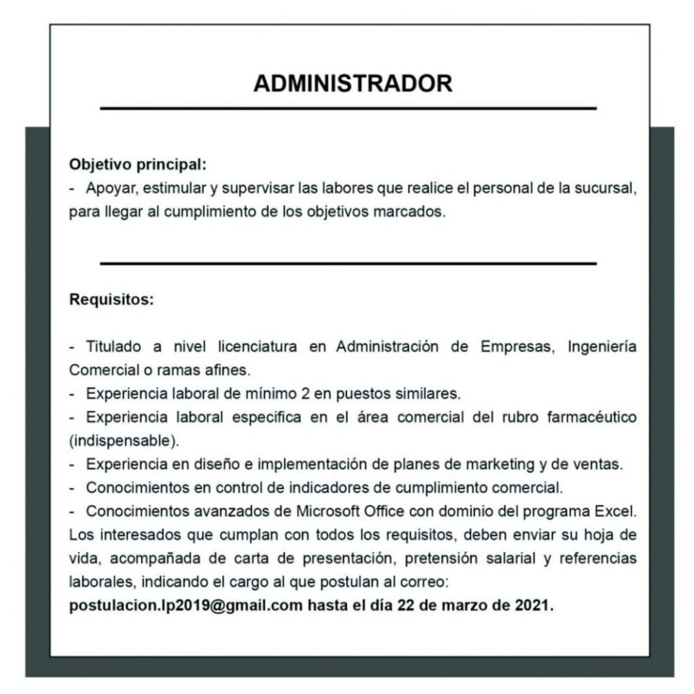 Requerimiento Administrador en el rubro farmacéutico