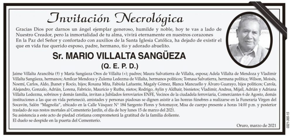 Invitación Necrológica: Mario Villalta Sangüeza