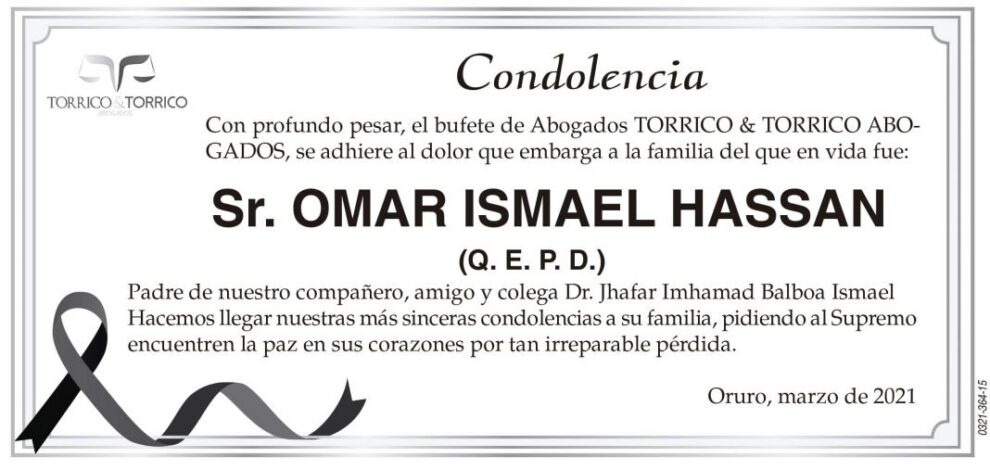 Condolencia por el fallecimiento de Omar Ismael Hassan