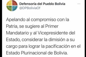 Defensoría del Pueblo sugiere a Evo Morales renunciar en 2019