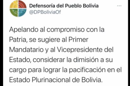 Defensoría del Pueblo sugiere a Evo Morales renunciar en 2019