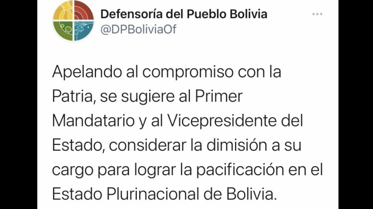 Defensoría del Pueblo sugiere a Evo Morales renunciar en 2019